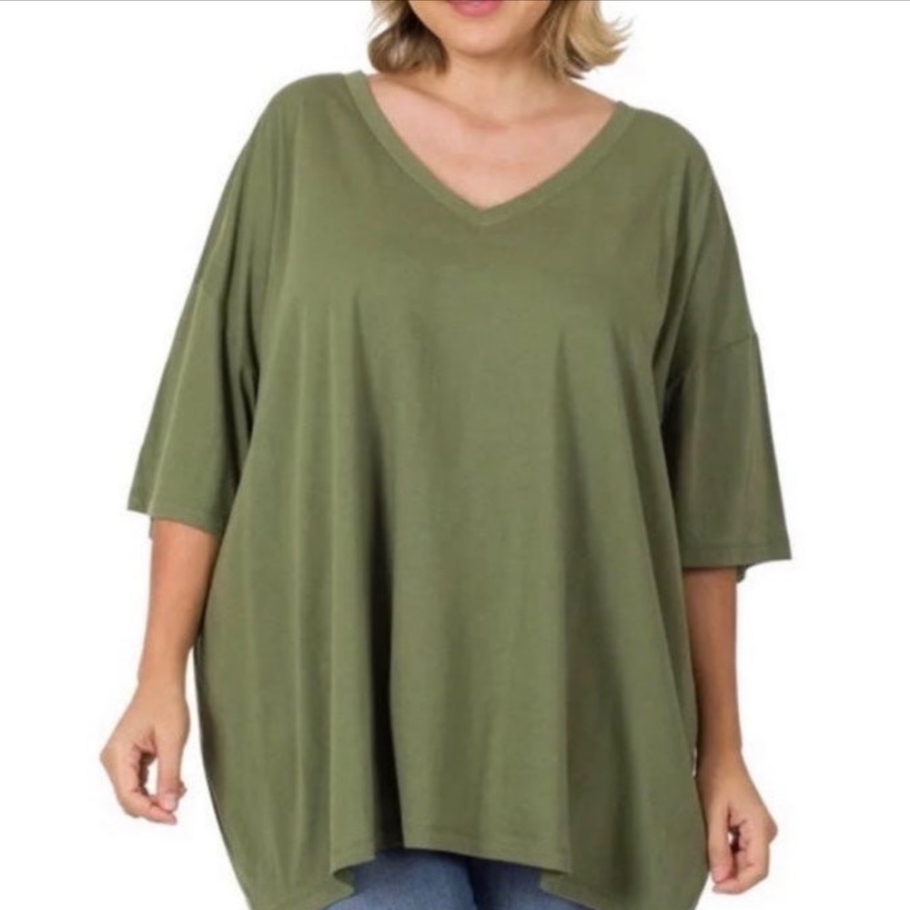 ZENANA
Oversized Cotton Boyfriend Drop Shoulder 
Vneck T-Shirt / Top